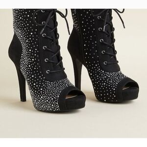 torrid Black Rhinestone Lace-Up Peep-Toe Stiletto Booties